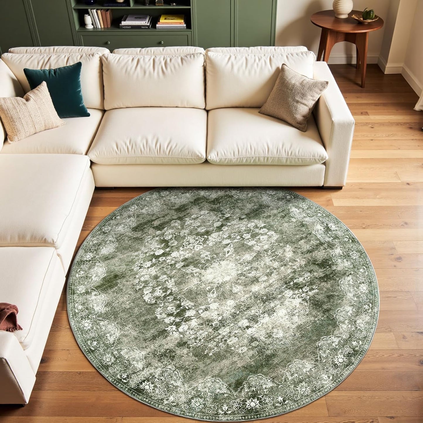 jinchan Round Rug 6ft Area Rug - Green Vintage Floor Mat Kitchen Indoor - Washable Circle 6' Thin Floral Print Carpet Retro Farmhouse Non Slip Dining Room Living Room Bedroom Office
