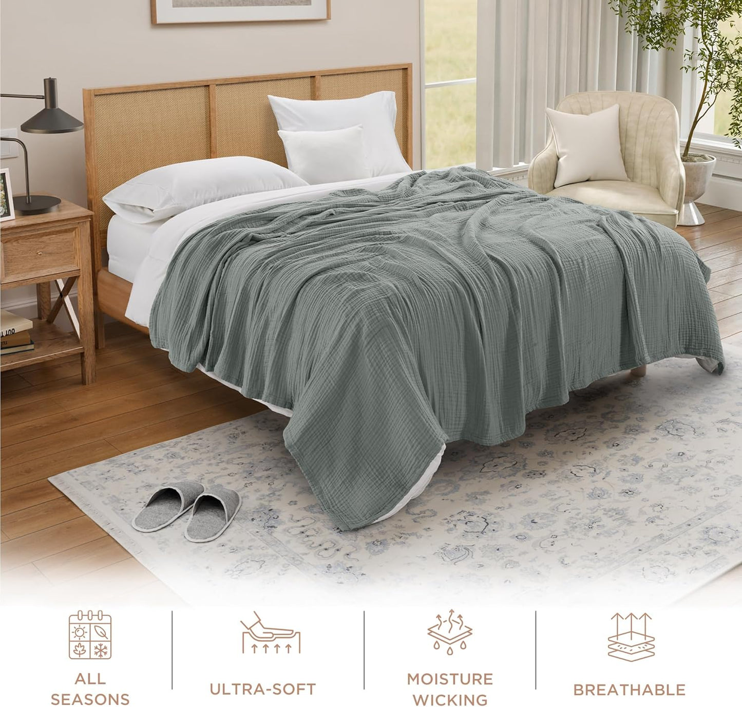 Threadmill Summer Muslin Blanket Queen | 4 Layer 100% Cotton Gauze | Soft, Breathable, and Cozy for All Seasons | Lightweight Blanket Fits Full Size Bed | Scottish Grey
