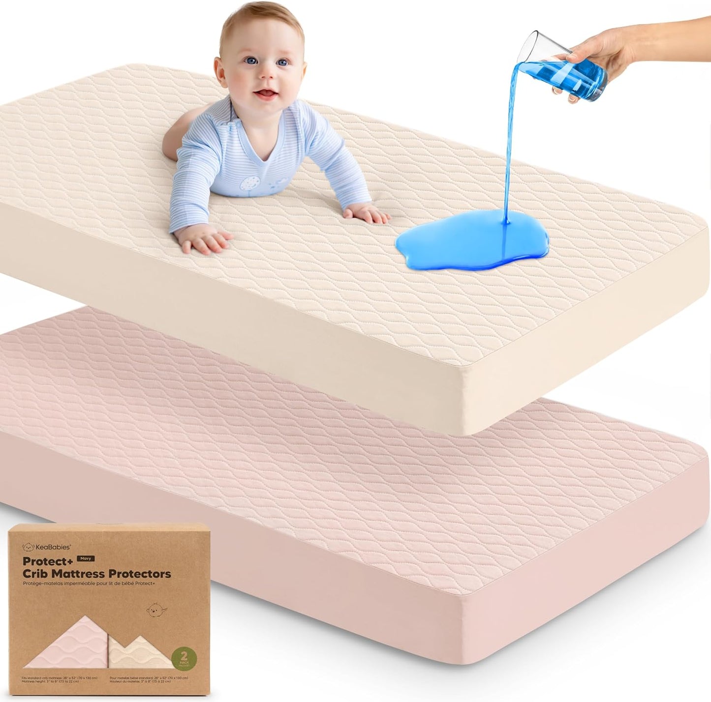 Waterproof Crib Mattress Protector Cover Fitted - 2-Pack Quiet Baby Crib Mattress Pad Sheets, 52" x 28" Soft Quilted Cotton Baby Sheet, Machine Washable, Easy Fit, Durable (Cameo/Mavy)