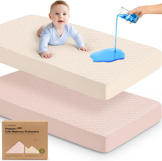 Waterproof Crib Mattress Protector Cover Fitted - 2-Pack Quiet Baby Crib Mattress Pad Sheets, 52" x 28" Soft Quilted Cotton Baby Sheet, Machine Washable, Easy Fit, Durable (Cameo/Mavy)