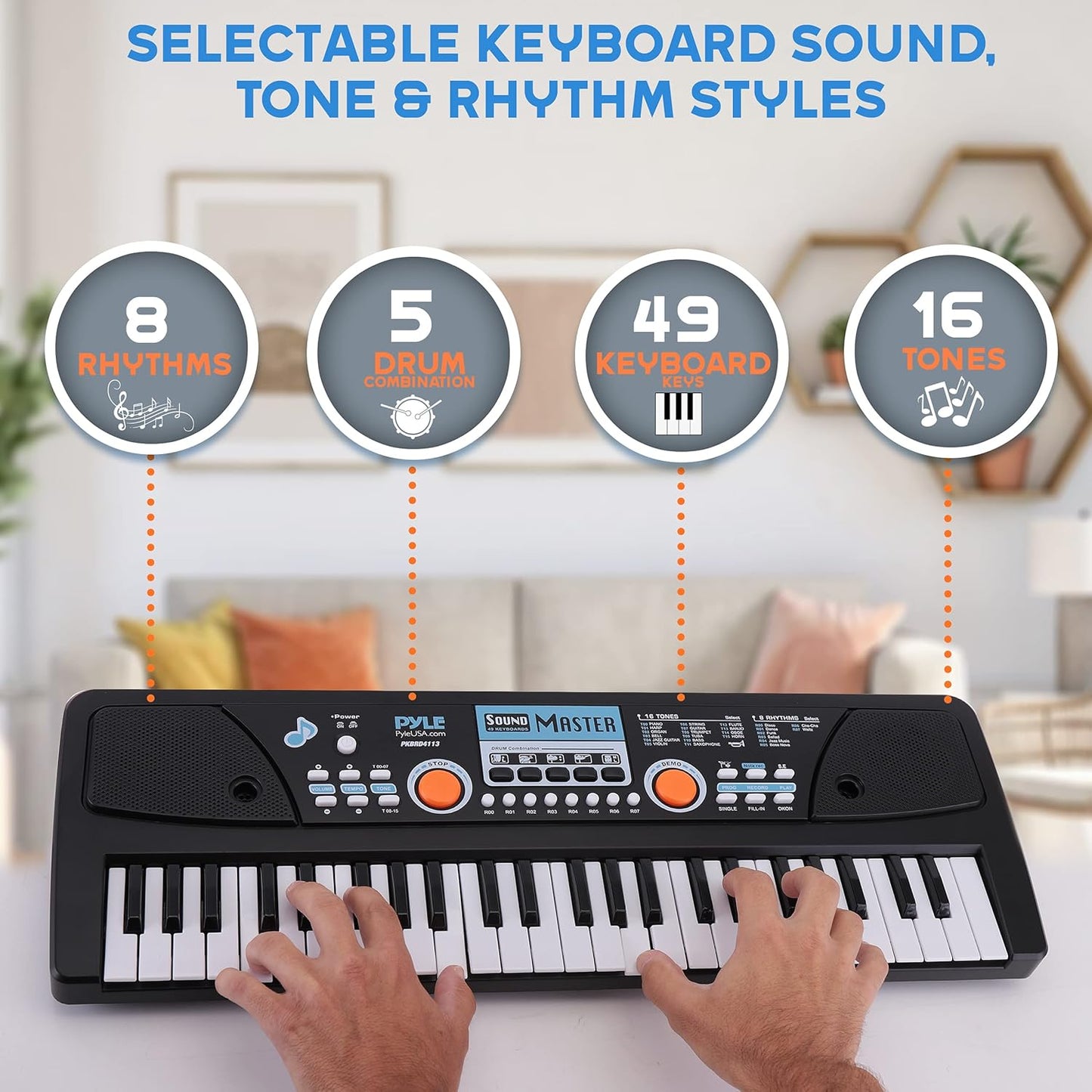 Pyle Electric Keyboard Piano - 49-Key Portable Digital Karaoke Piano with Stereo Speakers, Rechargeable Battery, and Wired Microphone for Beginners, Kids, Adults - 8 Rhythms, 16 Tones