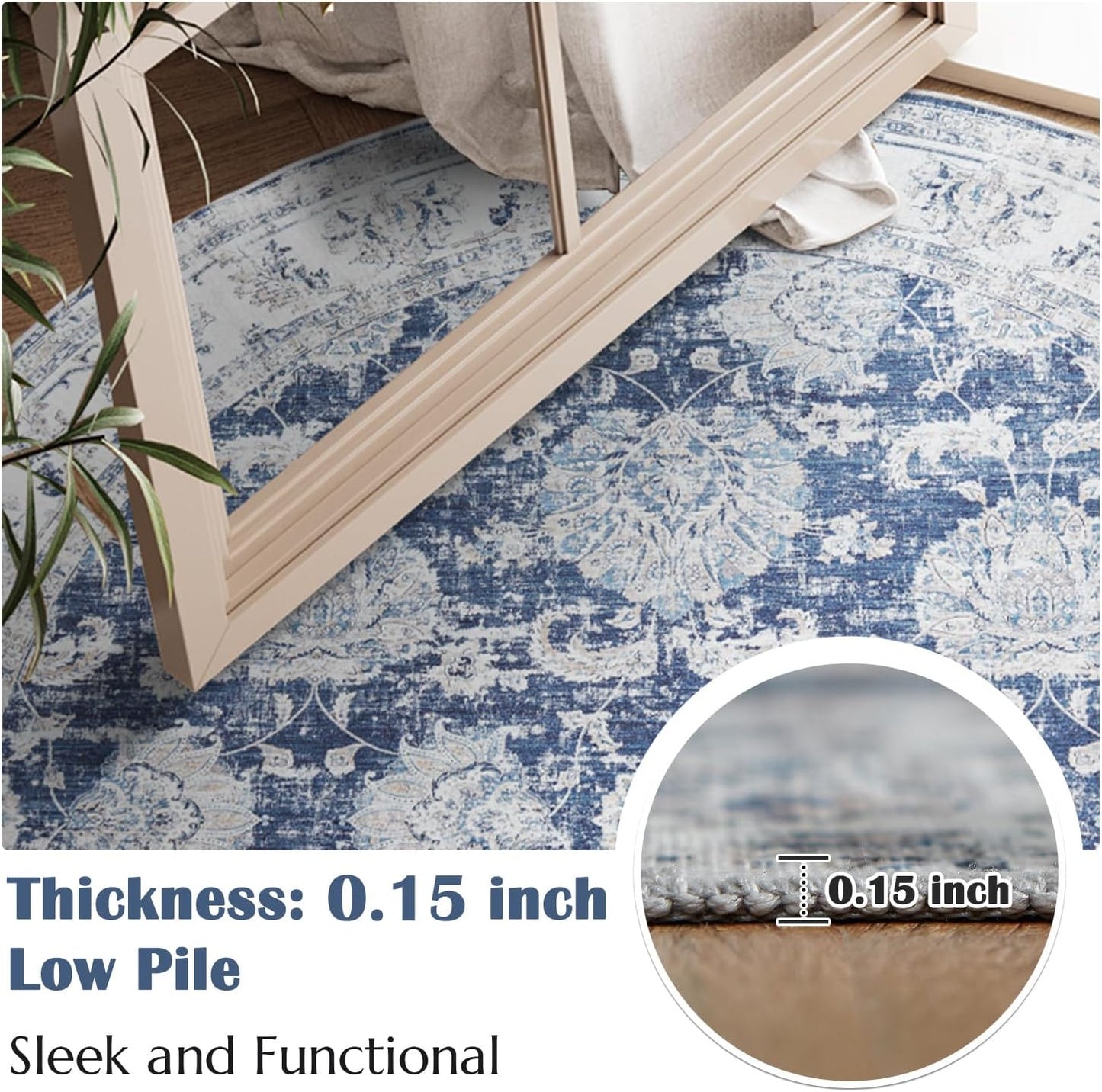 jinchan Round Rug 5ft Area Rugs Vintage Floral Distressed Design - Machine Washable Non-Slip Low-Pile Ultra-Thin Circle Rug for Entryway Bedside Living Room Dining Room Bedroom (5' Round,Dark Blue)