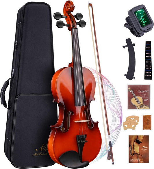 Allset Violin Fiddle Set: 4/4 Polished Violin Kit for Beginners, Acoustic Violin with Hard Case, Solidwood Handmade Starter Kit with Bow, Rosin, Shoulder Rest, Tuner, Strings-Burgundy