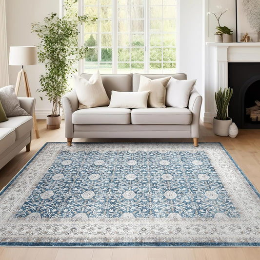 jinchan Floral Area Rugs 4x6 Machine Washable Vintage Distressed Boho Design Throw Rug Stain Resistant Carpet Low Pile Ultra-Thin Non-Slip for Bedroom Living Room Dining Room Kitchen(4‘x6',Drak Blue)