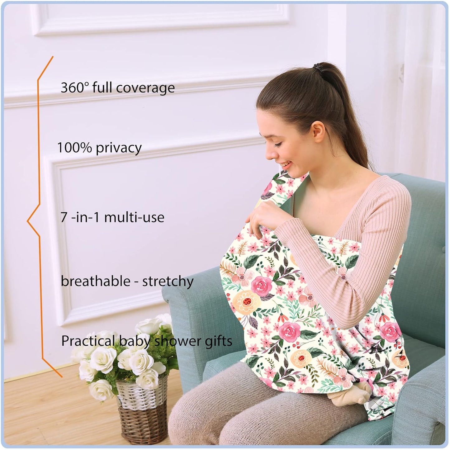 Nursing Carseat Canopy Breastfeeding Cover - Multi-use Stretchy Car Seat Covers for Babies, Baby Shower Gifts (Pink Floral)