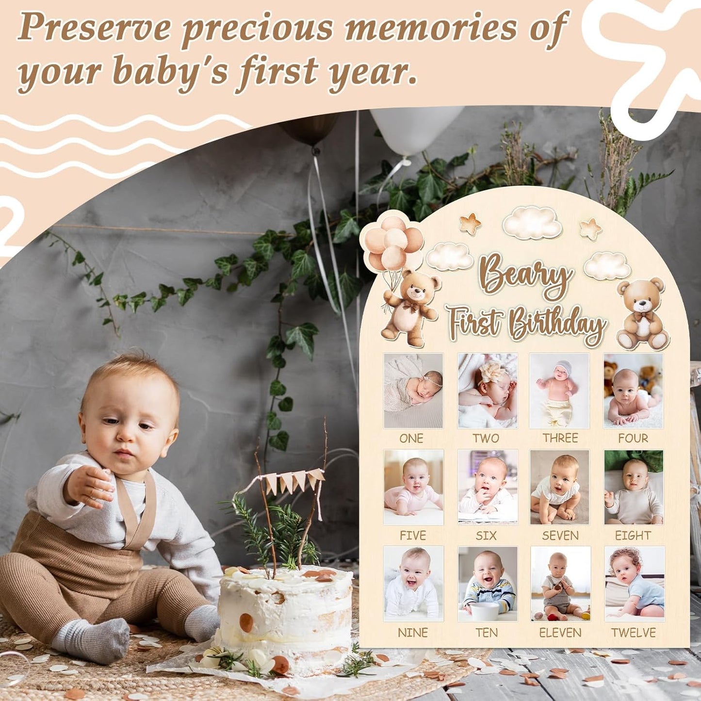 Beary First Birthday Photo Board Cute Bear Birthday Party Wooden Board Decorations 12 Monthly Milestone Picture Frame One Year Old Wood Sign 1st Birth Day Photo Banner for Baby Keepsake Gift Supplies