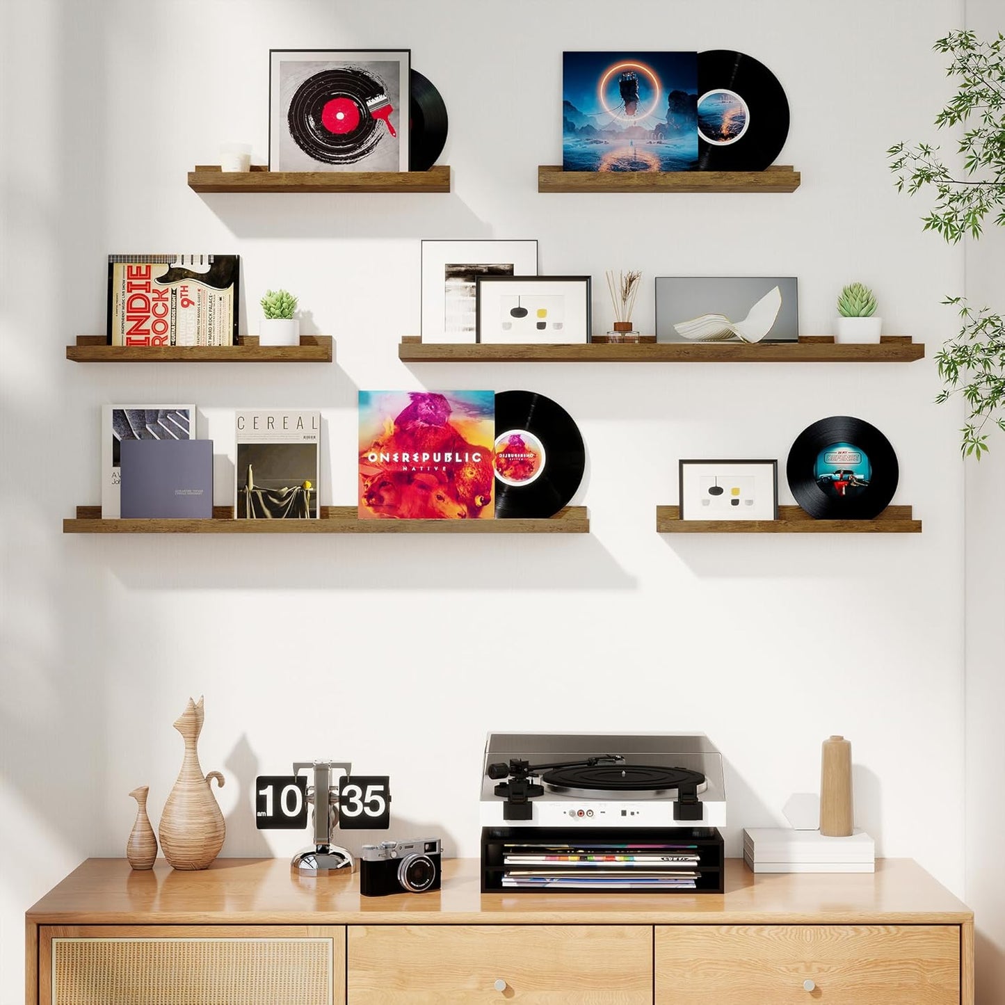 Axeman Picture Ledge Shelf, Floating Shelves for Wall Decor Set of 6, 55 inch Floating Wall Mounted Shelves, Shelves with Lip for Living Room, Bedroom, Nursery, Bathroom, Kitchen, Rustic Brown