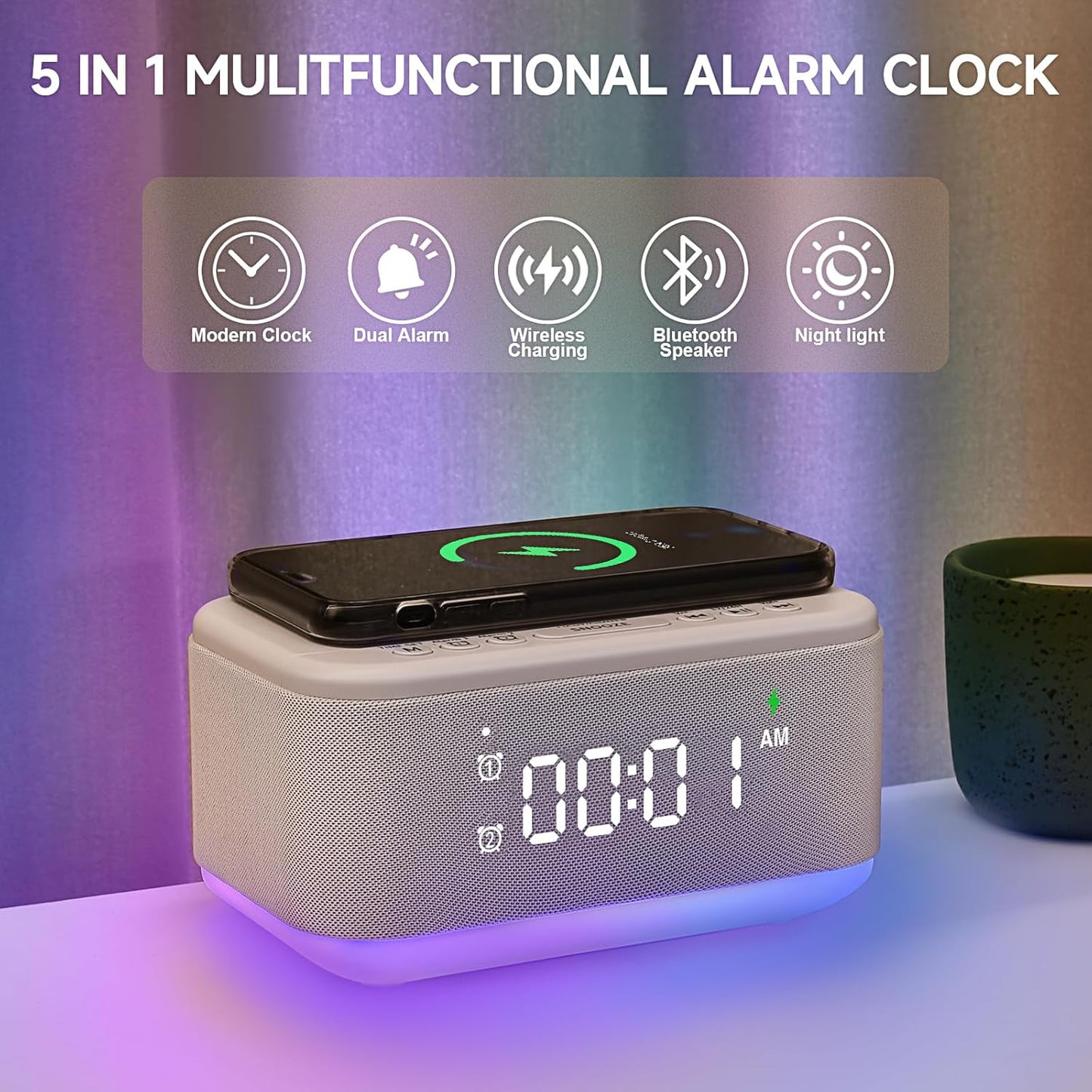 Alarm Clock Speaker Wireless Charger, Digital Alarm Clocks Bedrooms Bluetooth, Alarm Clock Dimmable Light Bedrooms Dual Alarm Snooze Dimmer 12 24H RGB Night Light Bluetooth USB AUX, White