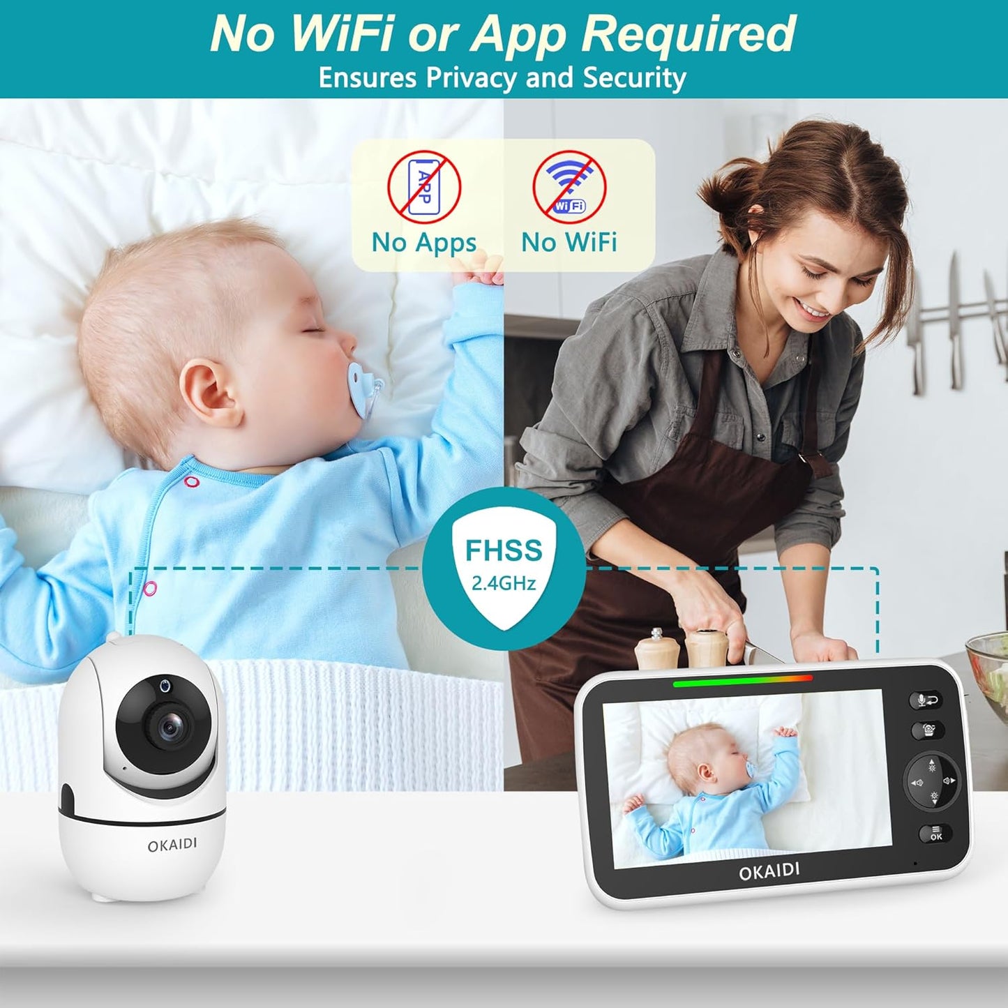 720P HD Baby Monitor, 5 Inch Baby Monitor with Camera and Audio, 5000mAh Battery, Remote Pan-Tilt, 3X Zoom, 1000ft Baby Monitor NO WiFi, Night Vision, 2-Way Talk, Temperature, Lullabies