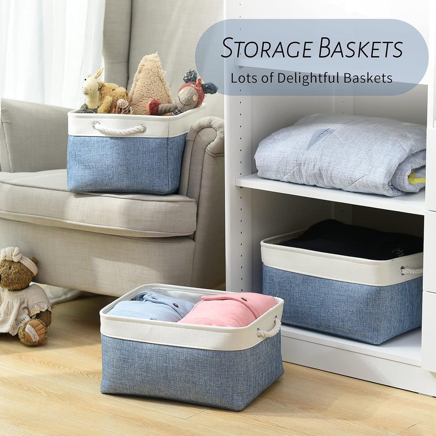 TcaFmac Storage Bins for Organization - Large 3 Pack Canvas Storage Basket for Shelves with Handles, Collapsible Baskets for Organizing for Closet Dog Laundry (White & Blue16x12x8 inch)