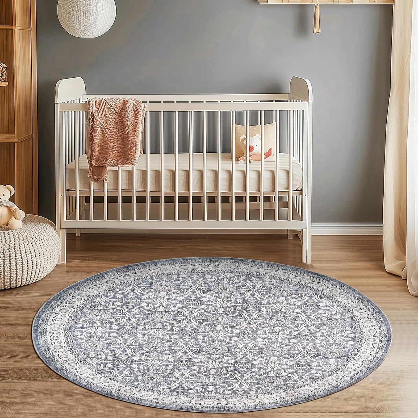 jinchan Round Rug 4ft Washable Circle Soft Rug - Low Pile Vintage 4'Round Indoor Grey Floral Print Stain Resistant Boho Carpet Ultra-Thin Non-Slip for Entryway Nursery Bedroom Dining Room Kitchen