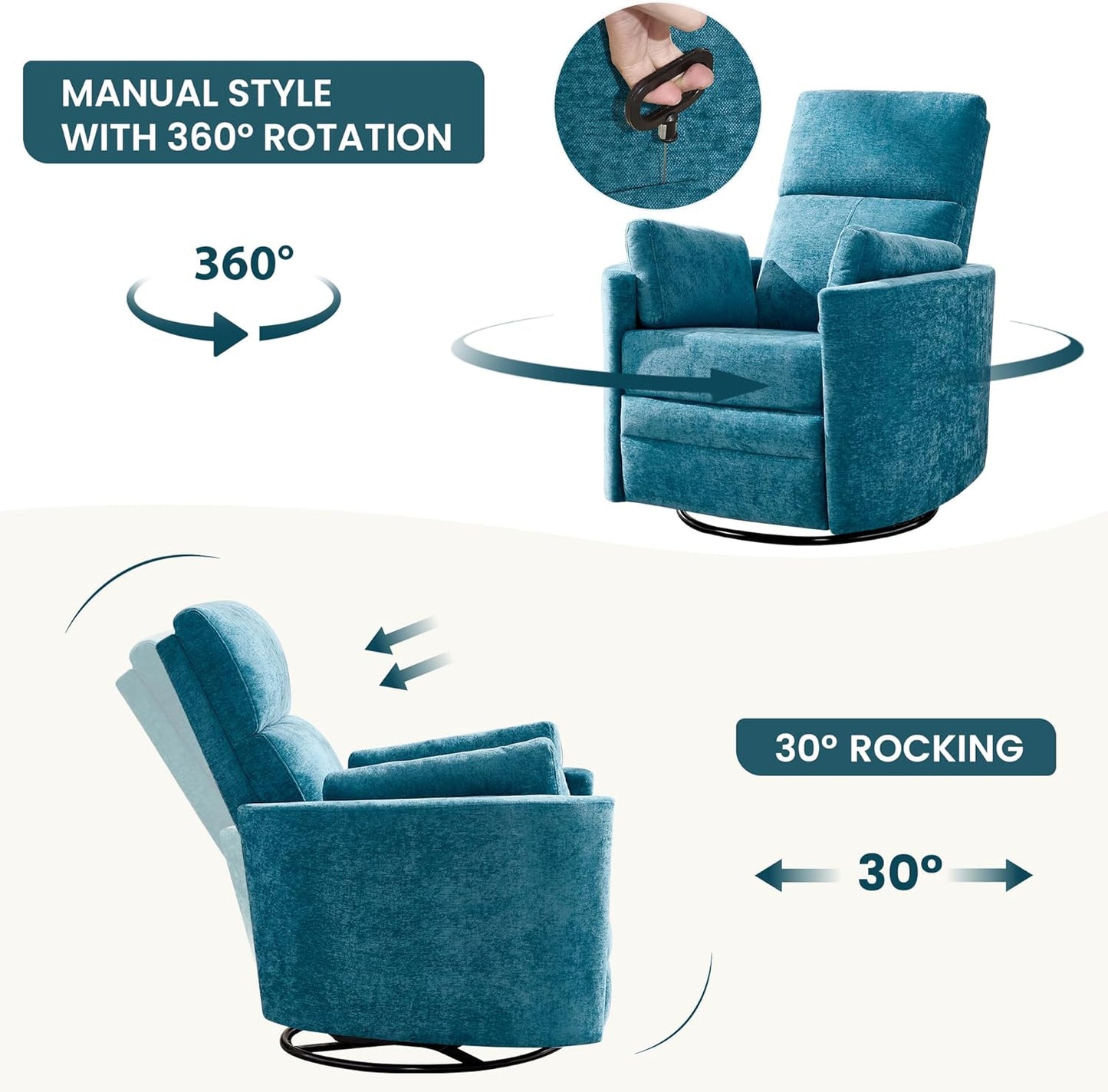 Recliner 360°Swivel Glider Rocking Chair Nursery Multifunction Living Room Bedroom Adult Rocking Chair with 2 Pillows(Blue, Manual Operation)