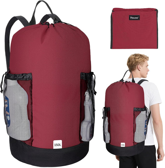 BALEINE 150L Laundry Bag Backpack, 900D Oxford Fabric Large Travel Laundry Bags with Shoulder Straps and 2 Mesh Pockets for College Dorm, Apartment, Laundromat (Red, 150L) ﻿