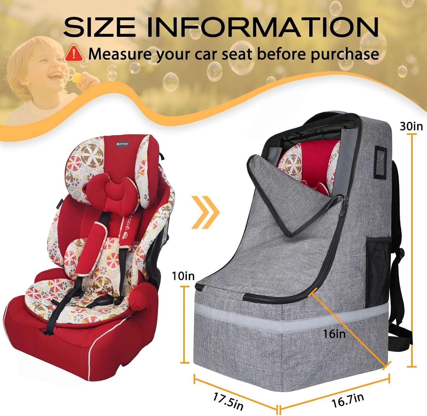 Car Seat Travel Bag for Airplane,Infant Seat Travel Bag with Shoulder Strap,Padded Car Seats Backpack with Reflective Stripes,Large Carseat Carrier Bag Travel Car Seat Cover,Grey