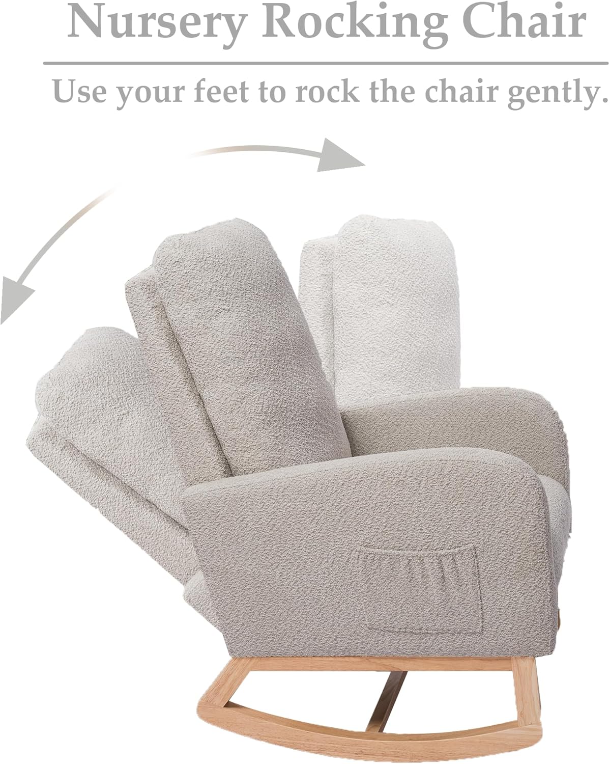 Nursery Rocking Chair with Foot Rest, Upholstered Glider Chair with Two Side Pockets, High Back Nursing Chair, Rocker Accent Armchair for Bedroom Living Room (Light Gray)