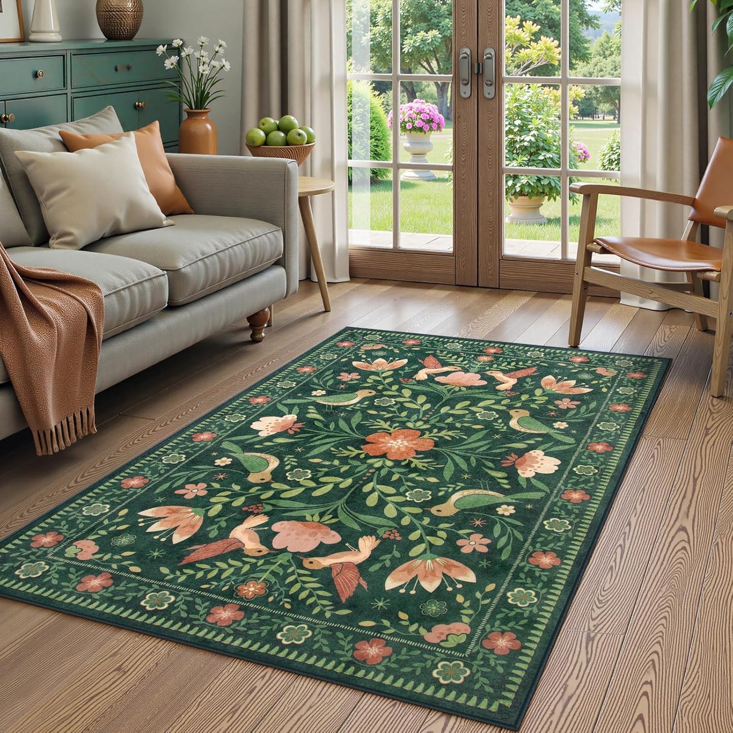 Moynesa Boho Bird Washable Rug, 3x5 Ultra-Thin Dark Green Kitchen Rugs Non-Slip, Stain Resistant, Low Pile, Indoor Small Living Room Throw Carpet for Entryway Bathroom Office Bedroom