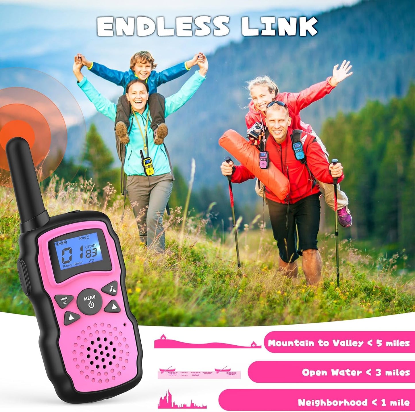 Wishouse Walkie Talkies for Kids Rechargeable with USB Charger 6000mAh Battery,Outdoor Camping Games with Flashlight Lanyard,Toys for Girls,Halloween Xmas Birthday Gift for Children 2 Pack Pink Purple