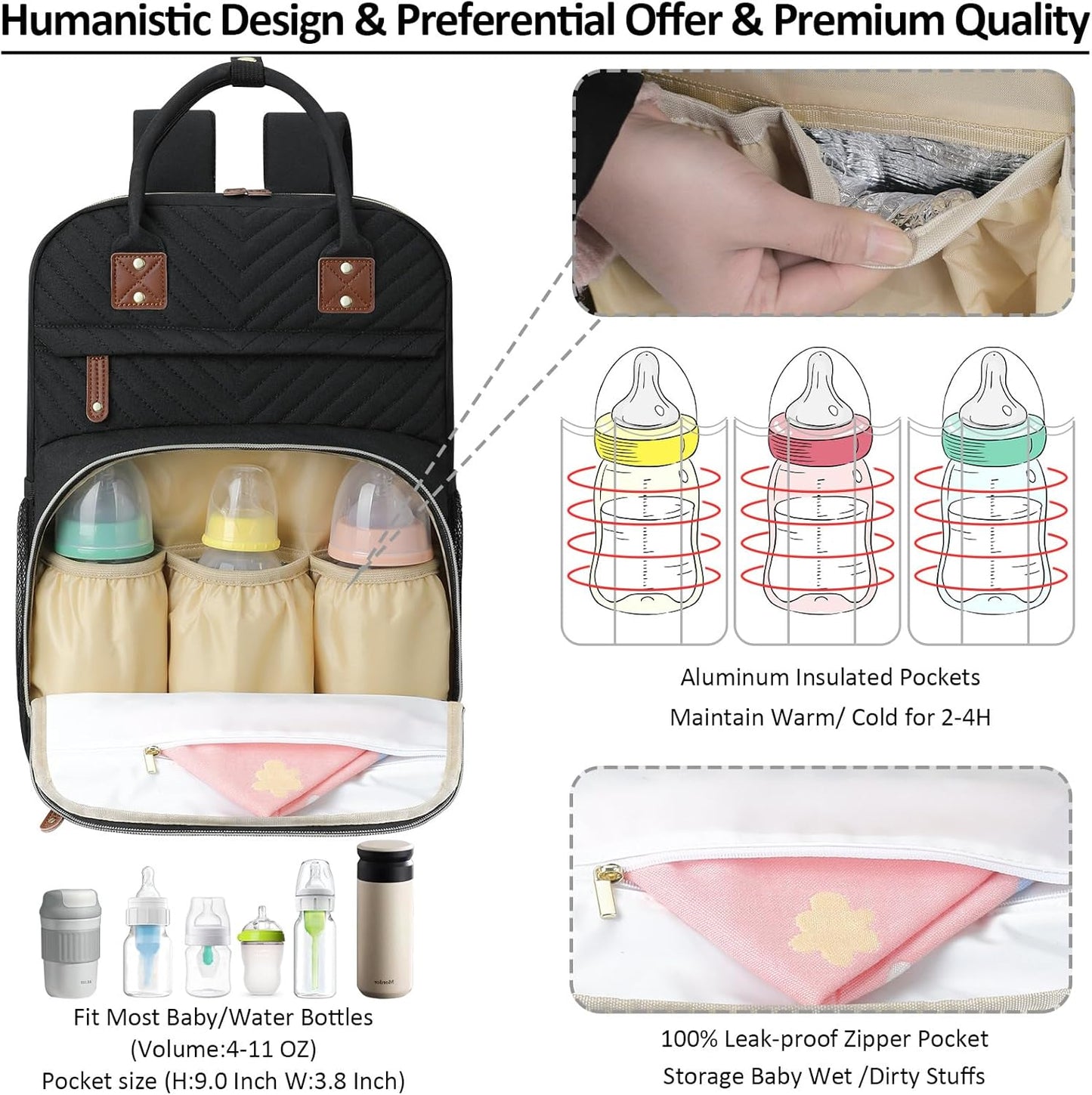 Diaper Bag Backpack for Women Large Capacity with Insulated Pockets Multifunctional Diaper Bags For Baby Girl Boy Waterproof Baby Bags For Mama Maternity Travel Bag Black