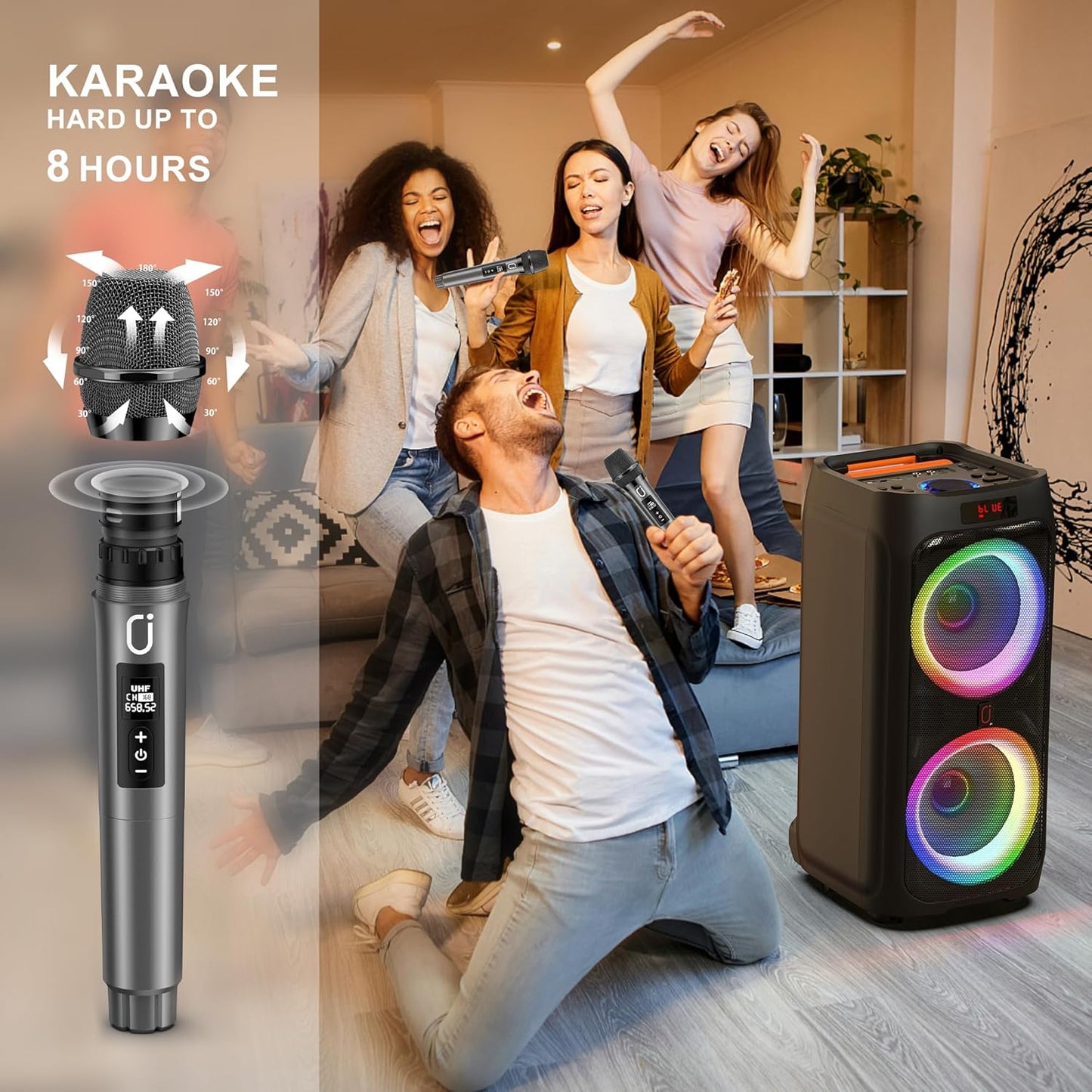 JYX Karaoke Machine with 2 Wireless Microphones for Adults, 8" Big Bluetooth Party Speaker with 500W Peak Power, PA System with LED Disco Light, Rolling Wheels and Trolley, Perfect for Outdoor Home