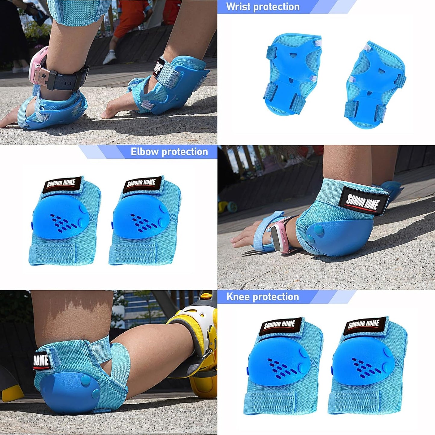 Youth/Kids Knee Pads Elbow Pads Wrist Guards Protective Gear Set 6 Pcs for 3-15 Years Child Roller Skates, Skateboard, Cycling, Inline Skating, BMX Bike, Balance Bike, Scooter Riding and Other Outdoor Sports