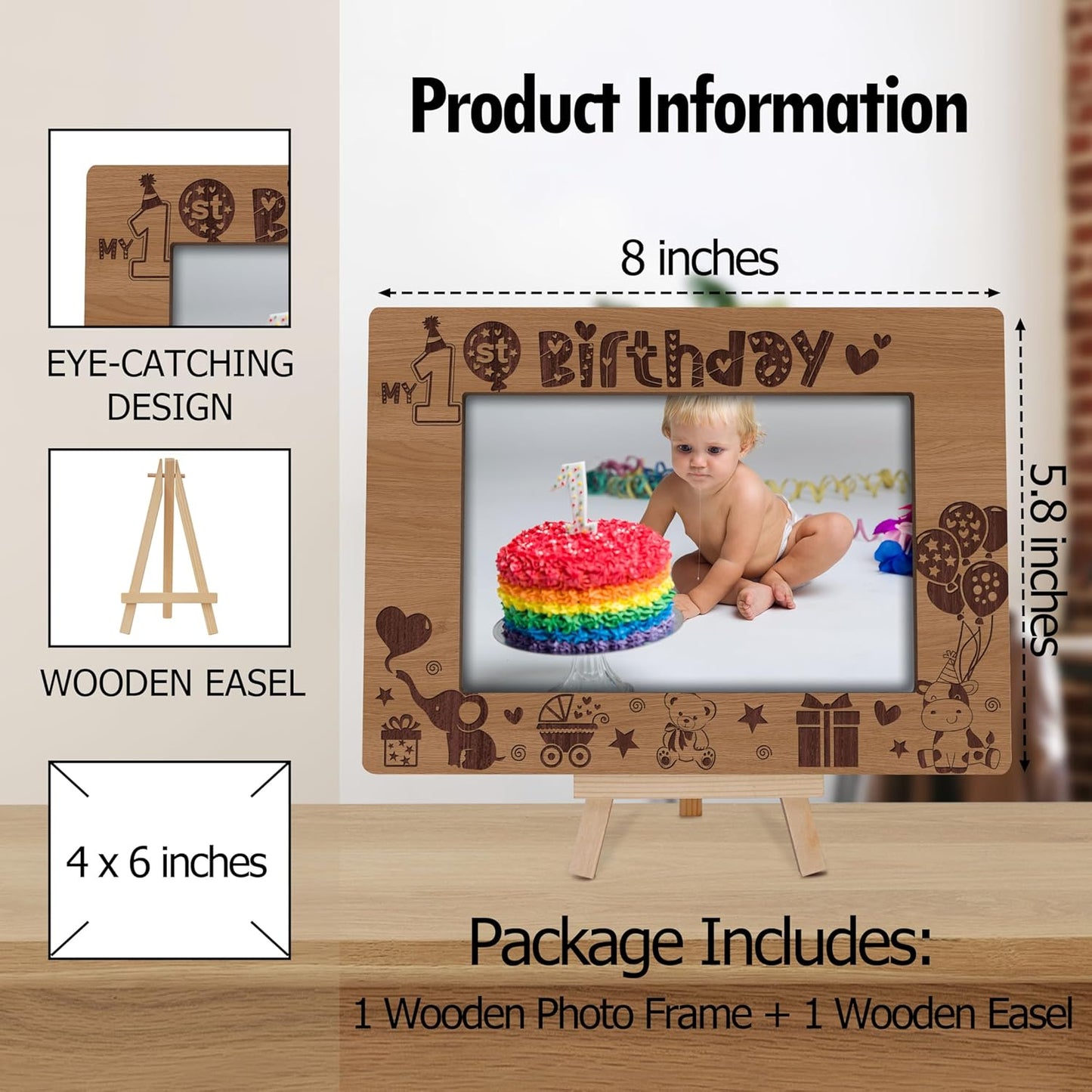 My 1st Birthday Picture Frames, Natural Wooden 4x6 Photo Frame with Easel, Baby First Year Birthday Gifts for Home Office Tabletop Display - G10