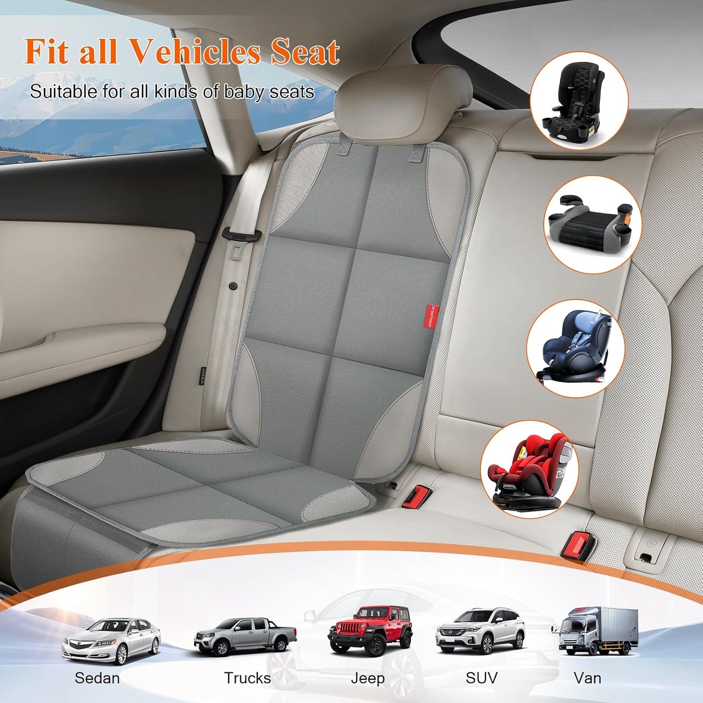 Car Seat Protector for Child Car Seat, Waterproof Durable 600D Fabric Car Seat Cover with Padding, Non-Slip Backing Mesh Pockets for Baby and Pet