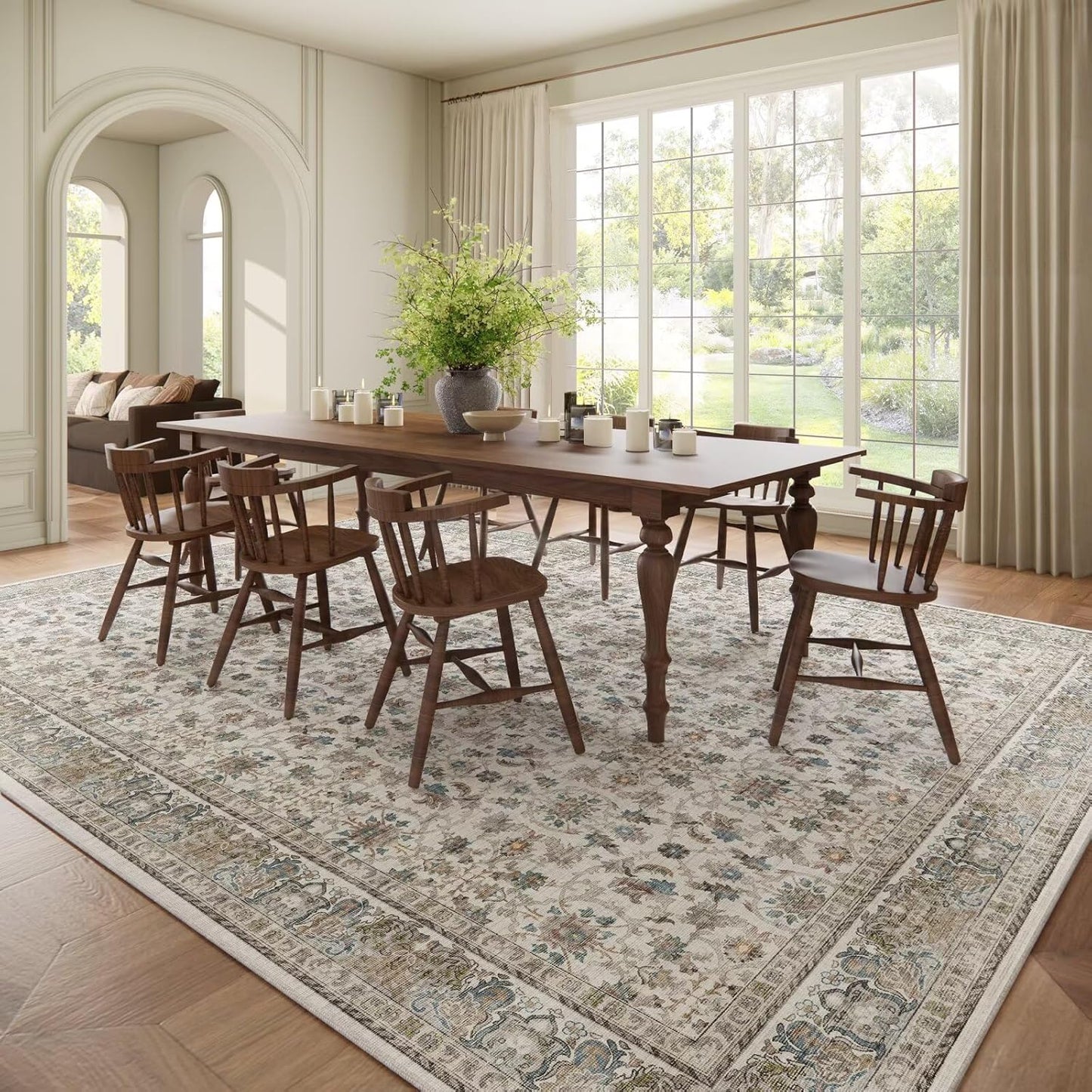 Washable 9x12 Area Rugs for Living Room, Boho Non-Slip Silicone Backing Rugs for Bedroom Dining Room Nursery Office, 0.3" Neutral Oriental Throw Carpet with 0.16" Cushioning Pad, Cream/Multi