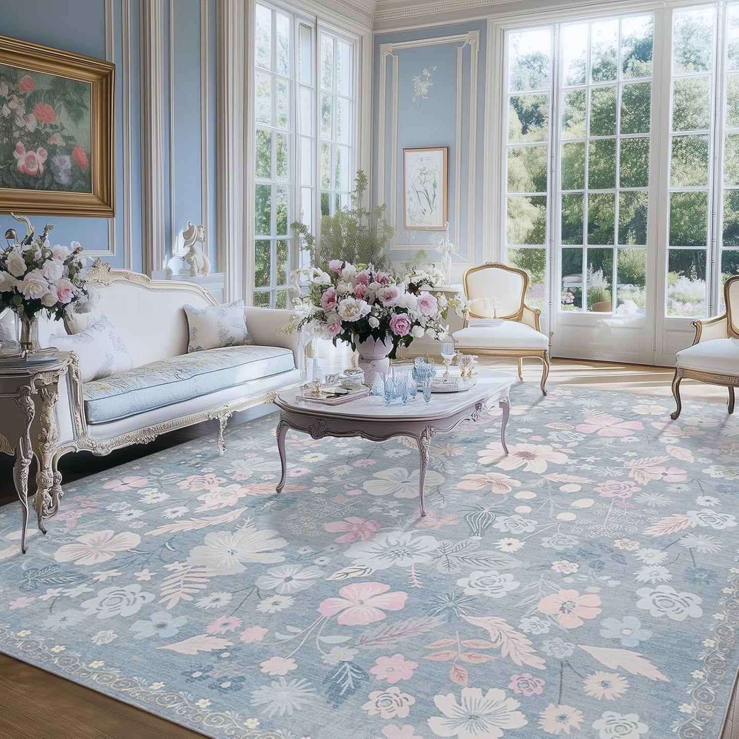 French Country 8x10 Area Rugs for Living Room Washable Blue Floral Stain Resistant Carpet Rug Soft Boho Vintage Garden Low Pile Non Slip Large Rug for Bedroom Dining Room Playroom Nursery,Daphne Blue