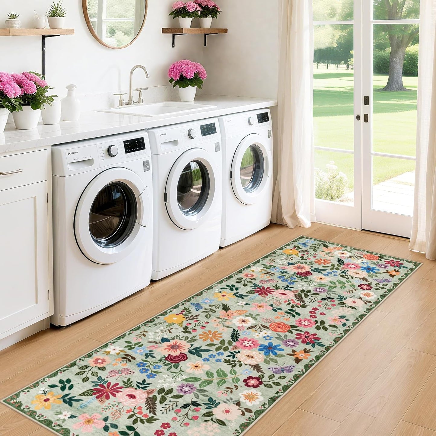 Runner Rug for Entryway: 2x6 Kitchen Rugs Non Slip Washable Ultra-Thin Soft Floral Carpet Indoor Floor Stain Resistant Carpets for Hallway Bedroom Kitchen Laundry Bathroom Dorm Green
