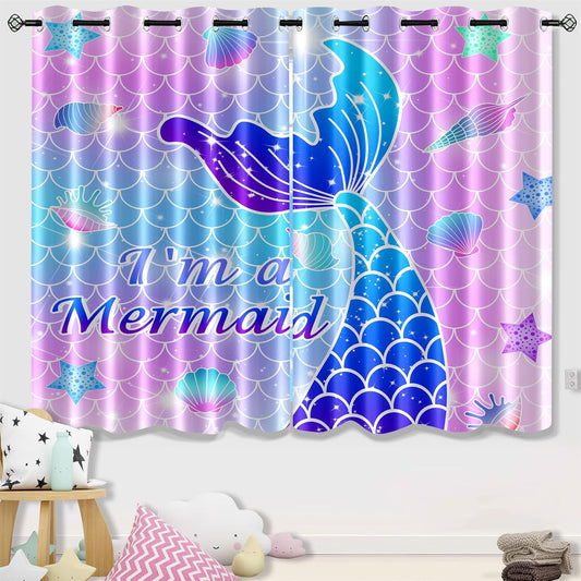 Mermaid Curtains Panels for Girls Room Pink Mermaid Blackout Curtains 63 inch Length for Girls Bedroom Living Nursery Room Grommet Top Thermal Insulated Curtains, 2 Pcs Panels, 82" x 63"