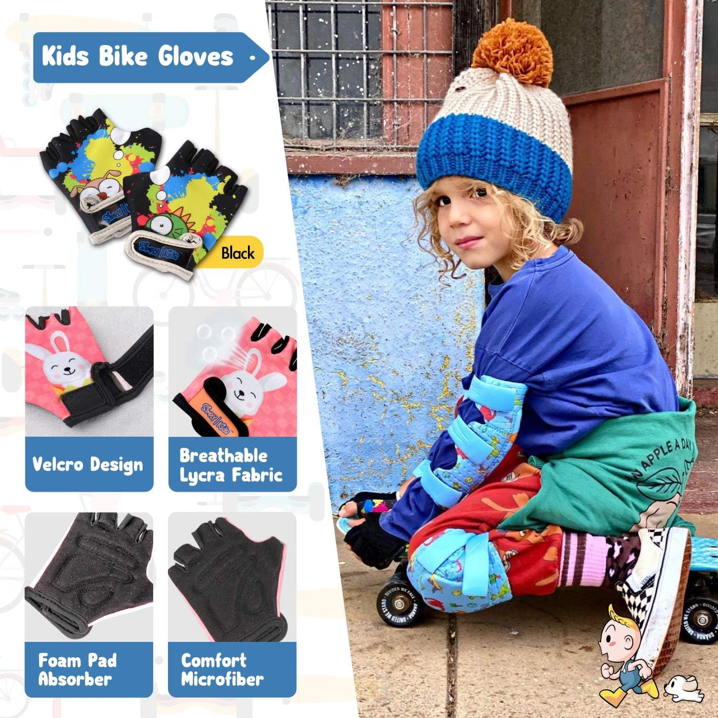 Soft-Style Kids Knee and Elbow Pads with Bike Gloves, Flexible Impact-Resistant Gear for Ages 2-11, Designed for Balance Bikes, Roller-Skating, and Skateboarding