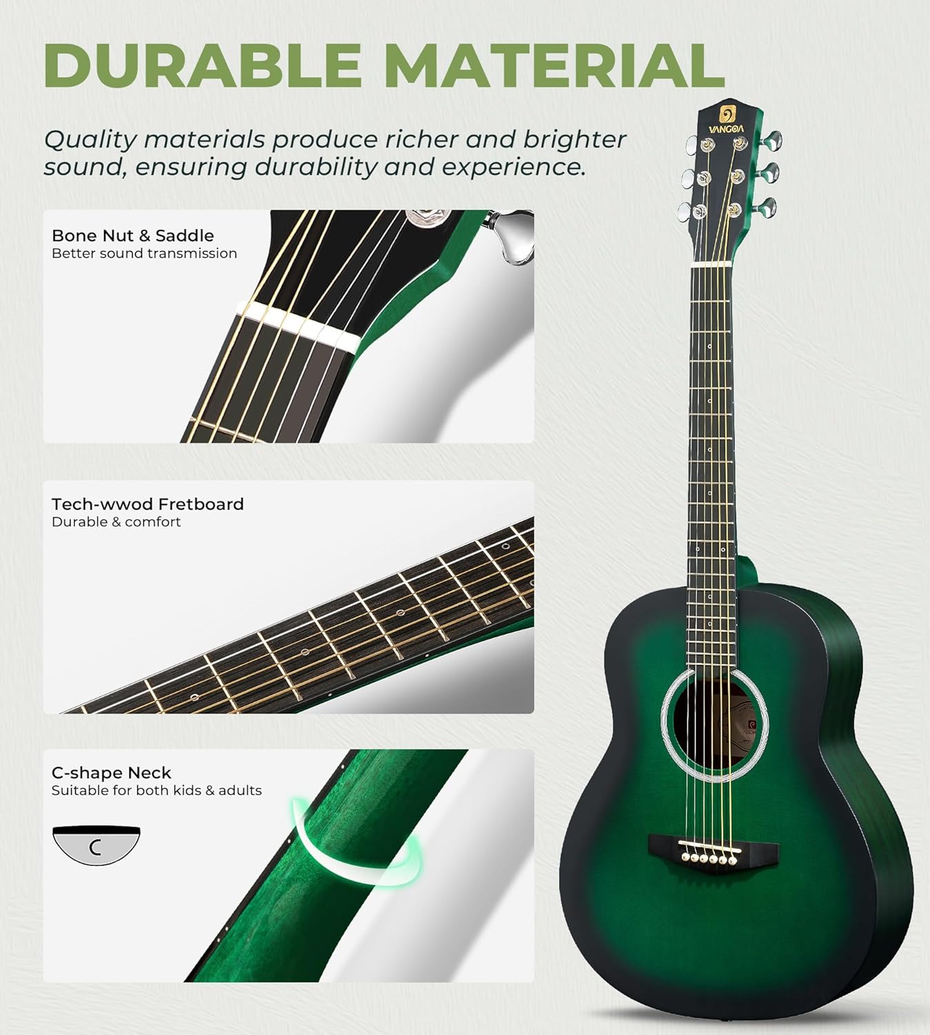 Vangoa 3/4 Acoustic Guitar Green, Learn-to-Play 36" Steel String Acoustic Guitar Set for Beginners Teens Kids Boys 9-12, Bundle with Gig Bag, Tuner, Strap, Picks