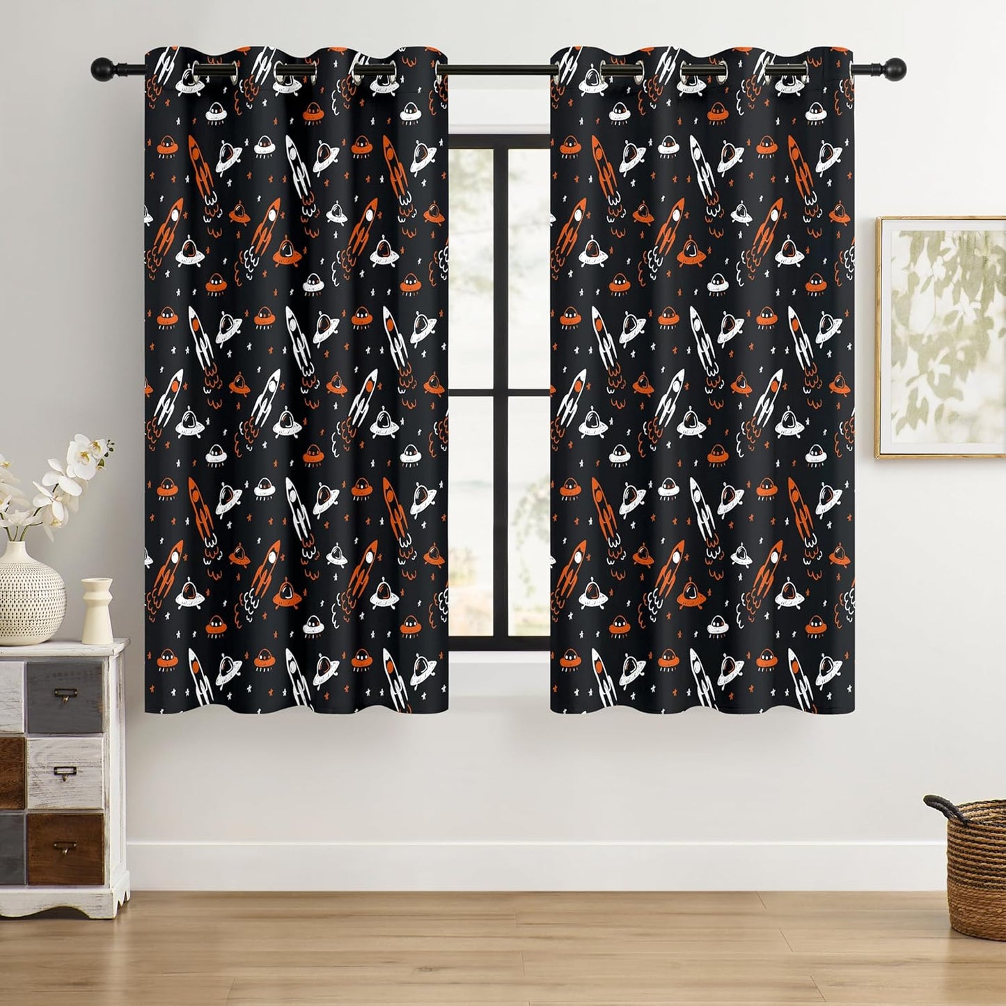 Kids Space UFO and Rocket Blackout Curtains - 100% Blackout, Thermal Insulated, Noise Reducing, Perfect for Kids Room and Nursery, 2 Panels (Starlight Rocket Chase, W52×L63)