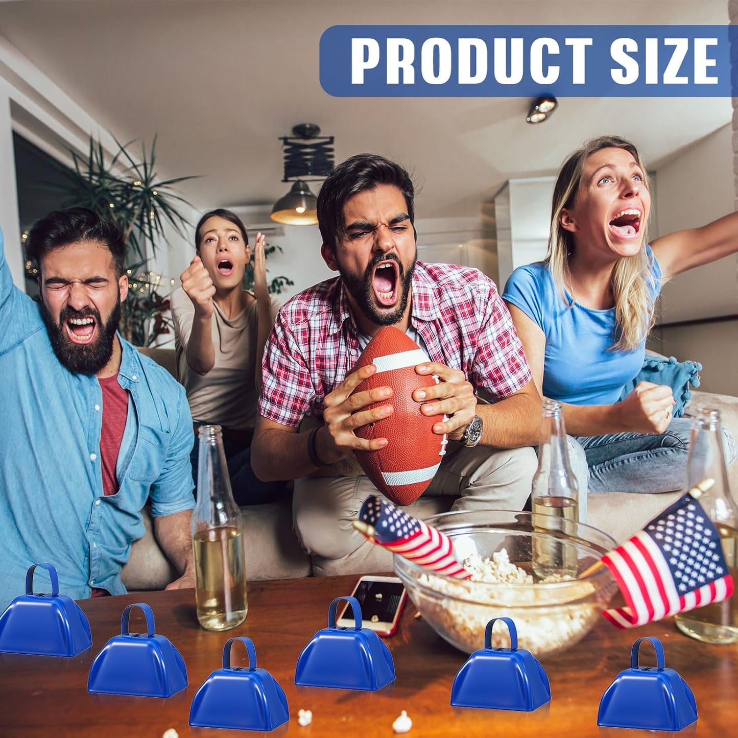 6 Pcs 3 Inch Metal Cowbells Noise Maker Hand Percussion Cow Bells with Handles for Sporting Events Cheering Noisemakers Weddings Team Spirit Sports Party Favors (Blue)