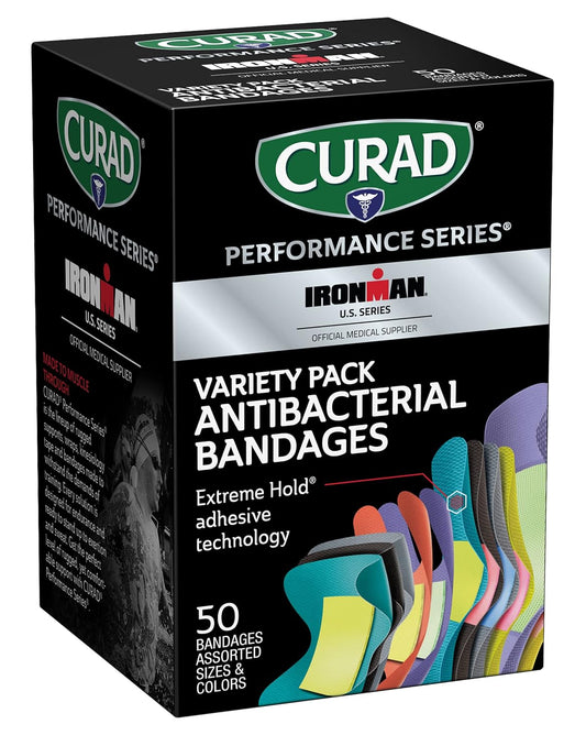 CURAD Performance Series IRONMAN Antibacterial Bandages, Extreme Hold Adhesive Technology, Finger & Knuckle Bandages, Flexible Fabric, Variety Pack with Assorted Sizes & Colors, 50 Count
