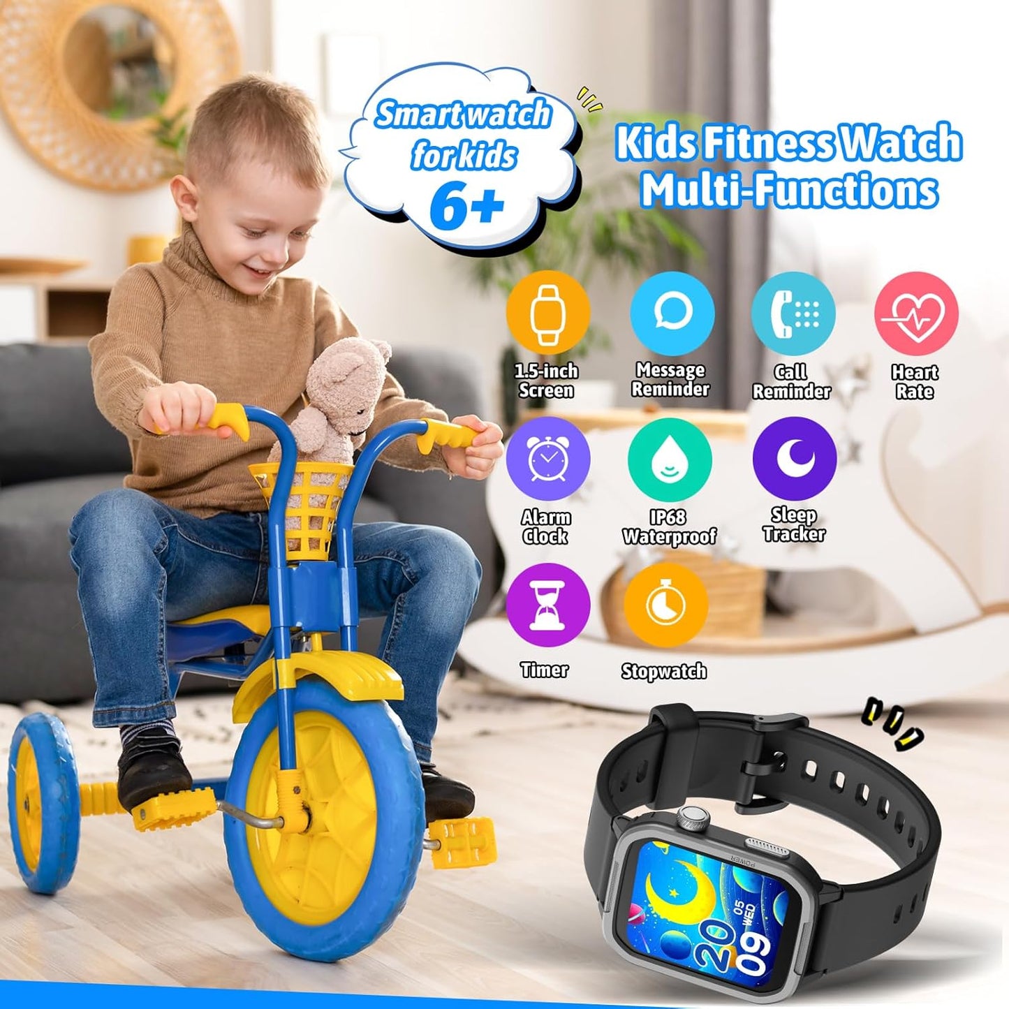 Smart Watch for Kids No Phone Needed, Tempered Glass Fitness Tracker Boy Teens with 19 Sport Modes, Pedometer, Sleep Monitor, Kids Watch Birthday Gifts Toy Gift for Girls Boys 6-16 (Black)