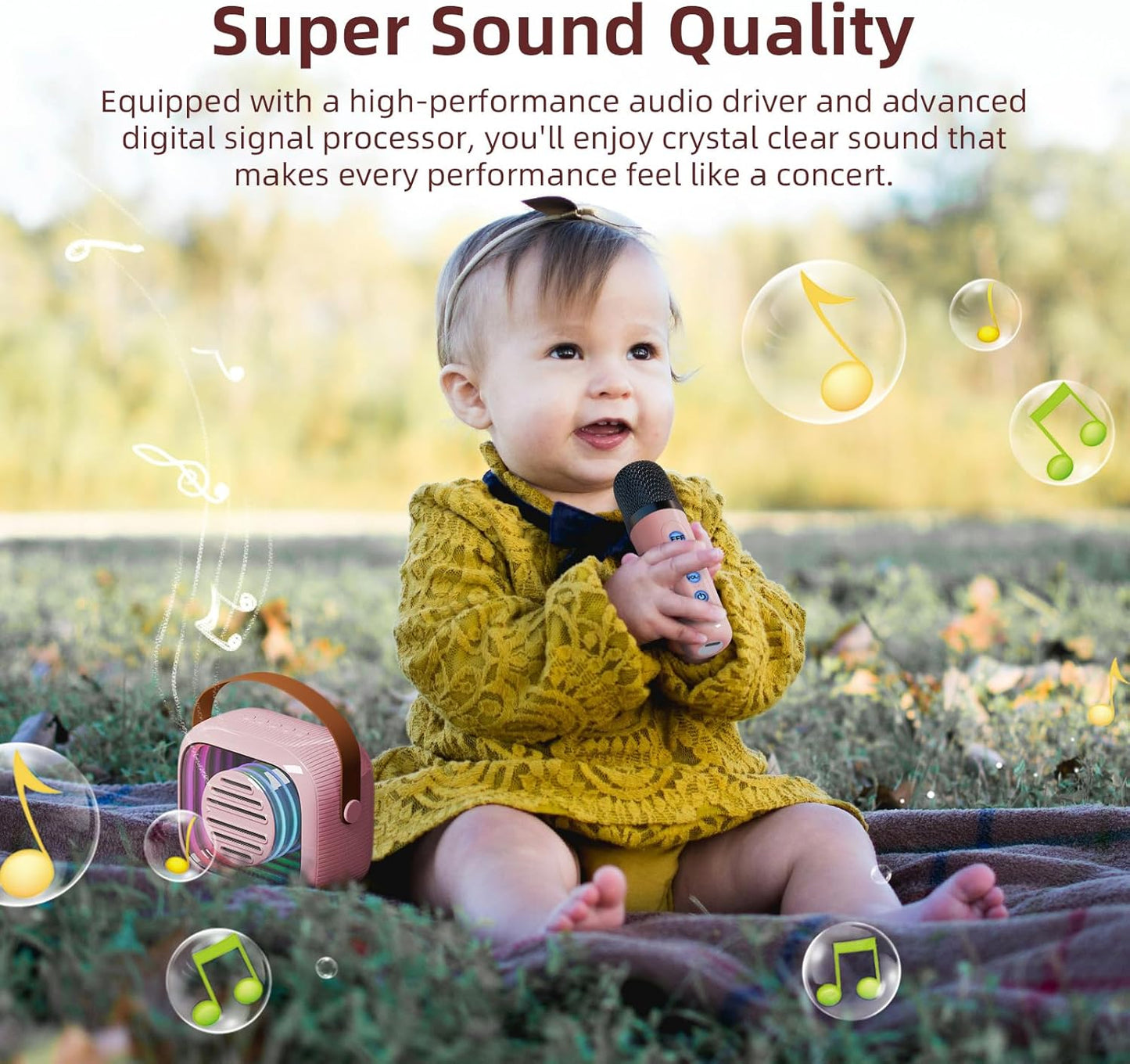 YF93 Mini Karaoke Machine for Kids with Bluetooth Speaker, 7 Voice-Changing Modes, Dual Microphones, Colorful LED Lights, TF Card Support, Portable Singing Gift for Children and Parties(Pink)