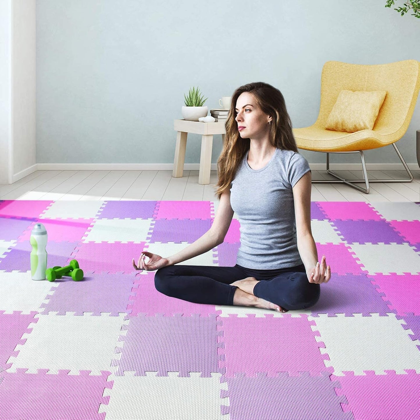qqpp EVA Rubber 18 Tiles Interlocking Puzzle Foam Floor Mats - Baby Play Mat for Playing | Exercise Mat for Home Workout. White, Pink, Purple. QC-ACKb18N