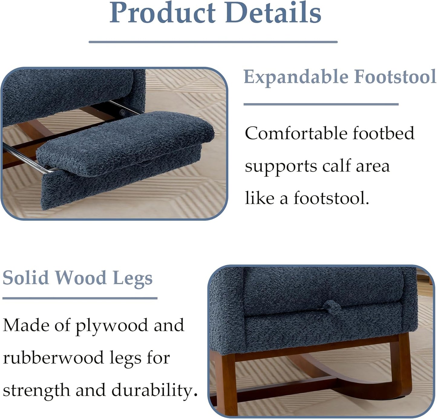 Nursery Rocking Chair with Foot Rest, Upholstered Glider Chair with Two Side Pockets, High Back Nursing Chair, Rocker Accent Armchair for Bedroom Living Room (Navy)