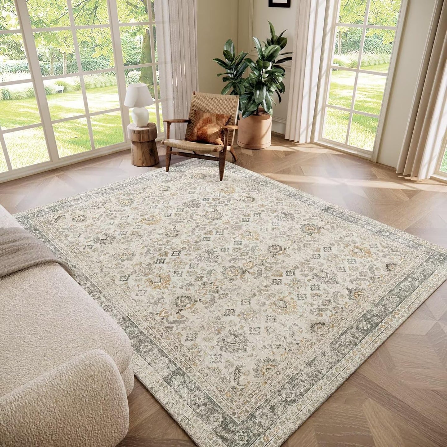 Washable 5x7 Area Rugs for Living Room, Boho Non-Slip Silicone Backing Rugs for Bedroom Dining Room Nursery Office, 0.3" Neutral Oriental Throw Carpet with 0.16" Cushioning Pad, Grey/Multi