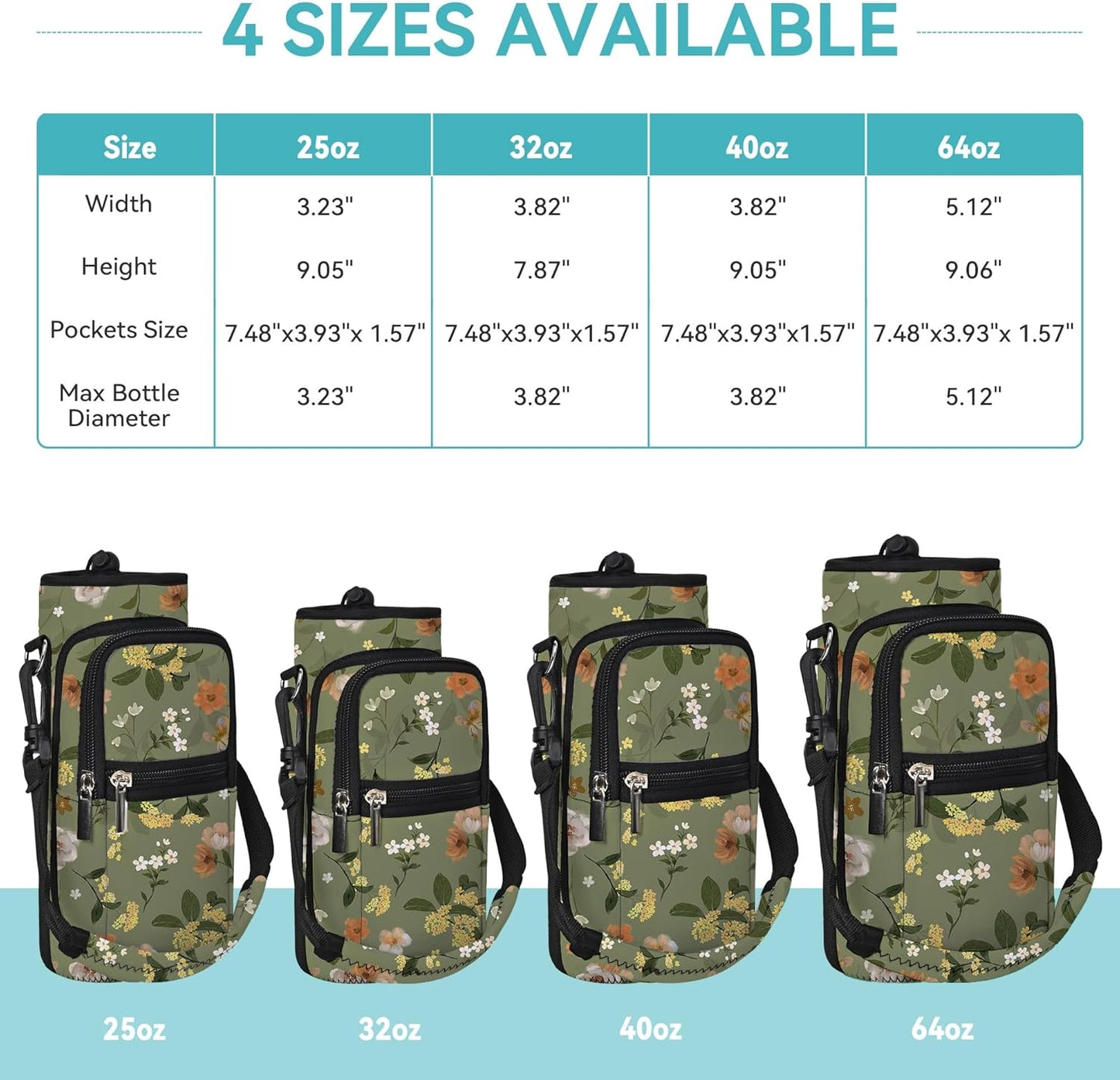 25/32/40/64oz Water Bottle Bag Holder Carrier-Insulated Crossbody Sling Case Sleeve with Strap & Pockets for Men Women Gym Cycling Travel Walking Hiking Camping