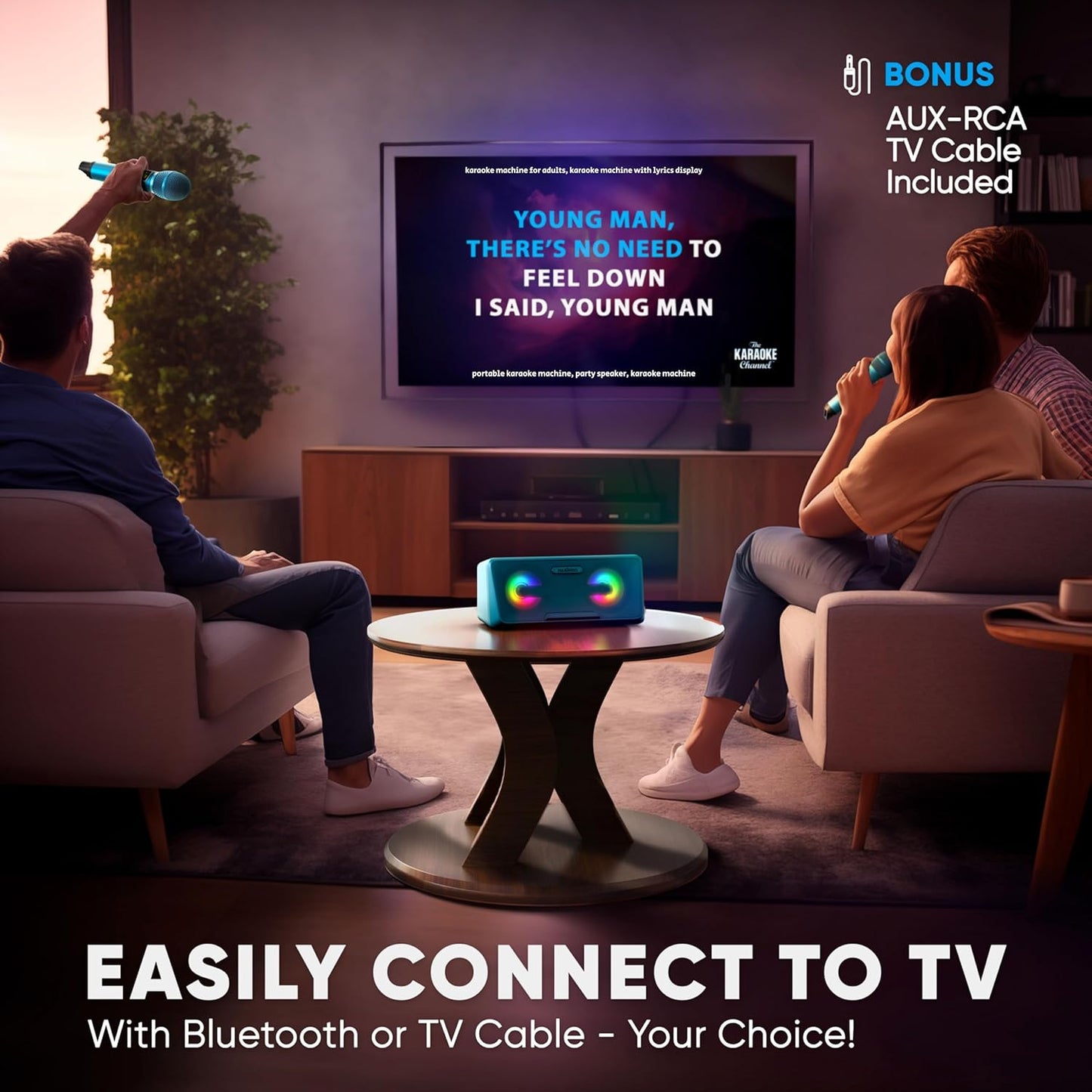 MASINGO Karaoke Machine for Adults and Kids with 2 Wireless Microphones, Portable Bluetooth Singing Speaker, Colorful LED Lights, PA System, Lyrics Display Phone Holder, and TV Cable. Presto G2