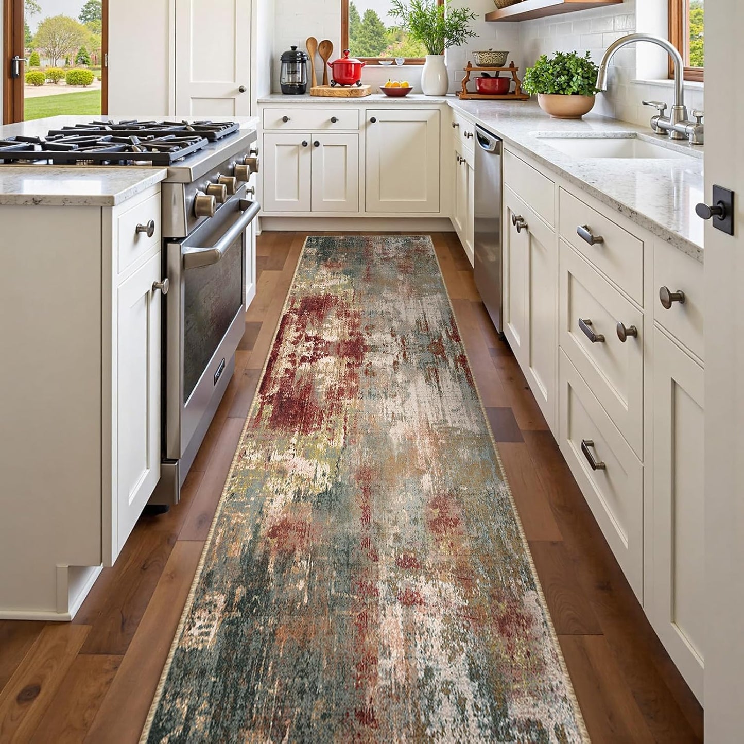 Washable Area Rugs 2'x8' Non-Slip Modern Abstract Soft for Living Room Entryway Bedroom Nursery, Print Pattern, Brown Rust Red Multi