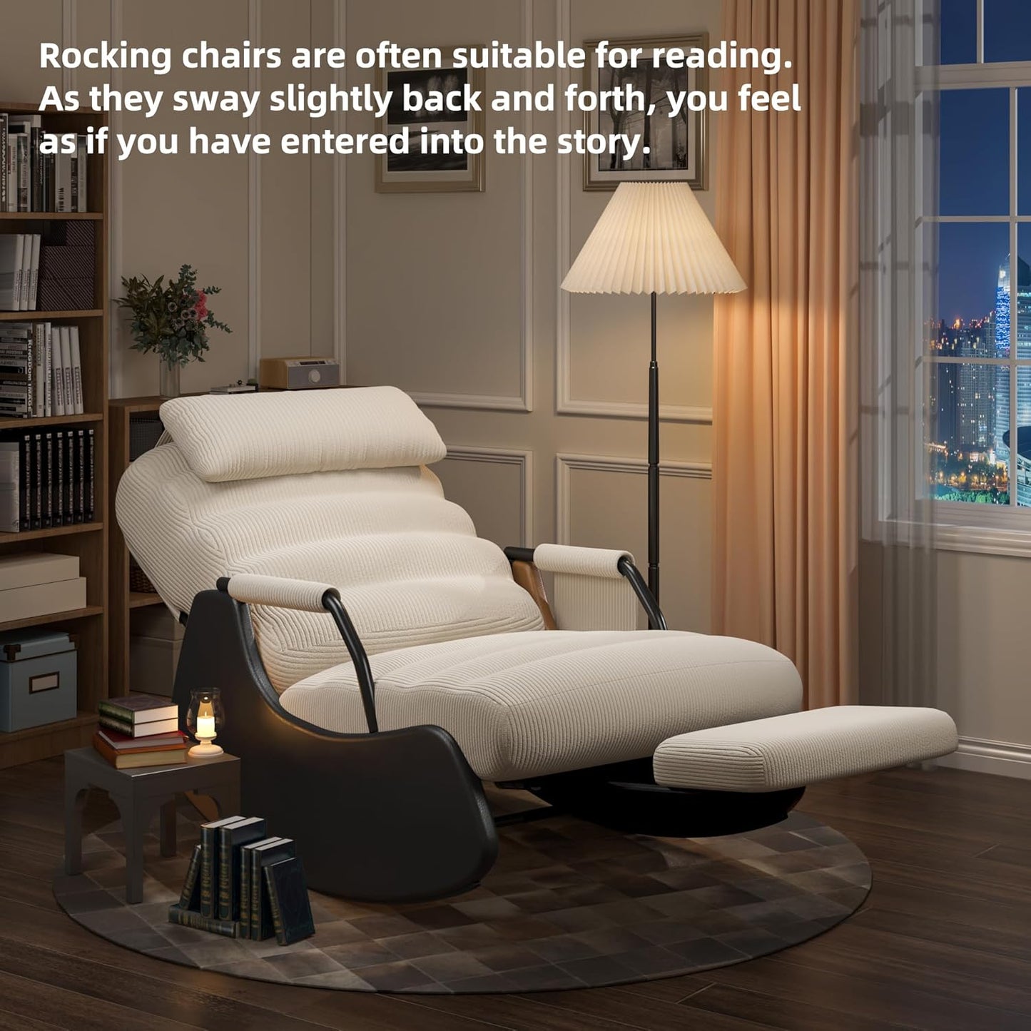 Polar Aurora Nursery Rocking Chairs with Soft Seat and Headrest,Corduroy Fabric Accent Chair with Side Pocket,Glider Rocking Chair for Bedroom/Living Room/Nursery. (Beige/Black)