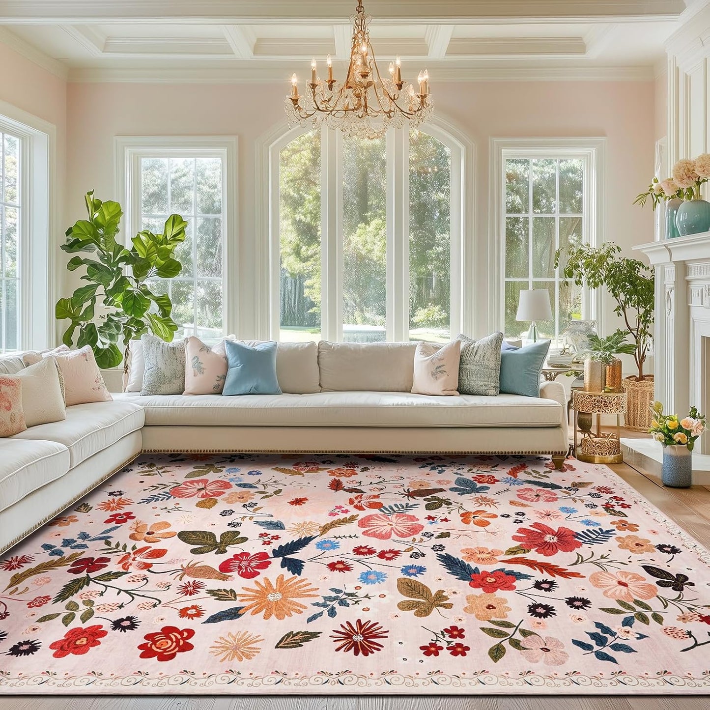 9x12 Washable Area Rugs Beige Pink Boho Floral Soft Girls Rugs for Bedroom Sound Absorbing Ultra-Thin Non Slip Stain Resistant Room Carpet Rug for Living Room Kids Playroom Farmhouse Dining Room