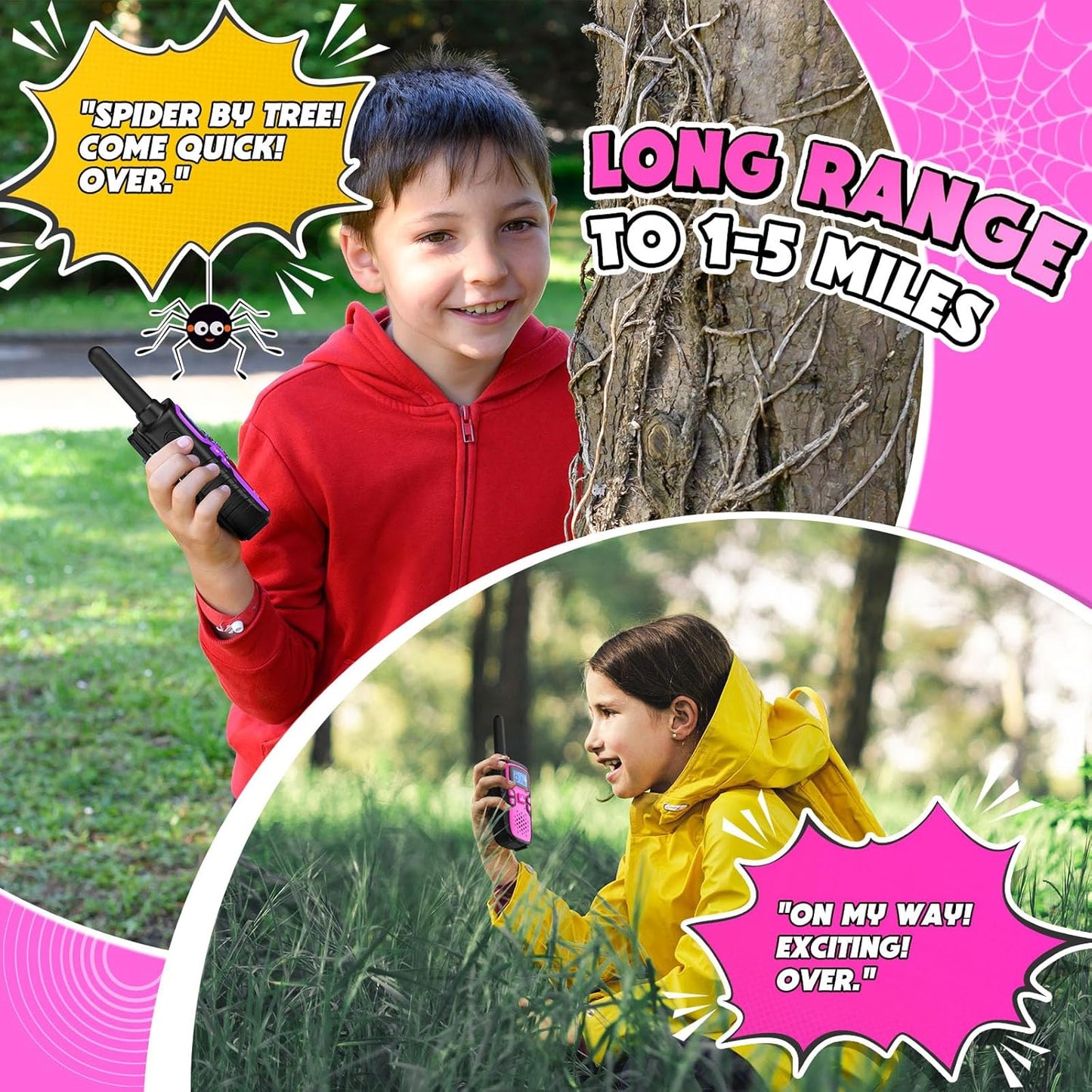 Wishouse Walkie Talkies for Kids Rechargeable Long Range,Xmas Birthday Gift for 4 5 6 7 8 9 Year Old Girls,Hiking Gear Camping Games Cool Toys with NOAA,SOS Siren,Lamp,Lanyards,Easy to Use,2 Pack