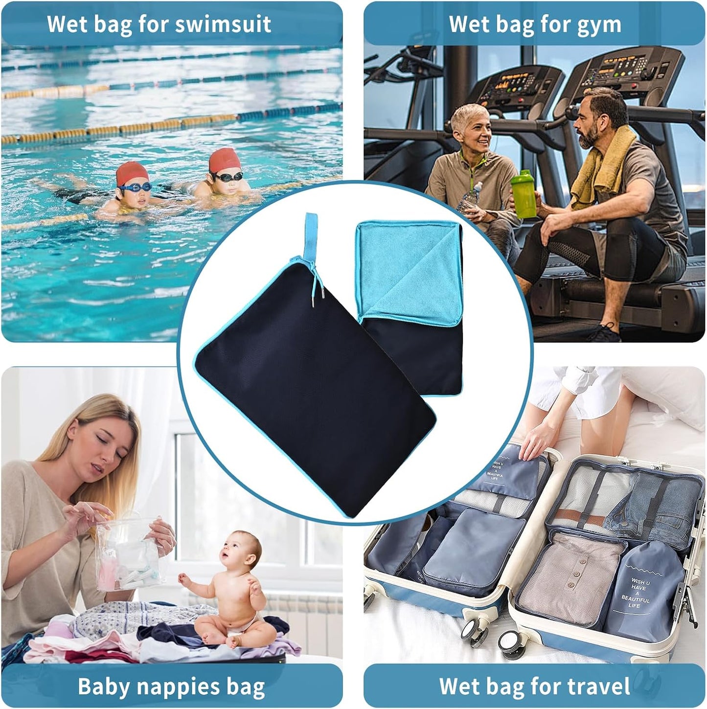 Wet Bag, Wet Dry Bag, Wet bag for swimsuit,Travel, Beach, Pool, Diapers, Dirty Yoga Gym Clothes, Waterproof Embedded Towel Wet Bag(Fleece)-Leakproof Wet Clothes Bag, Beach Travel Essentials