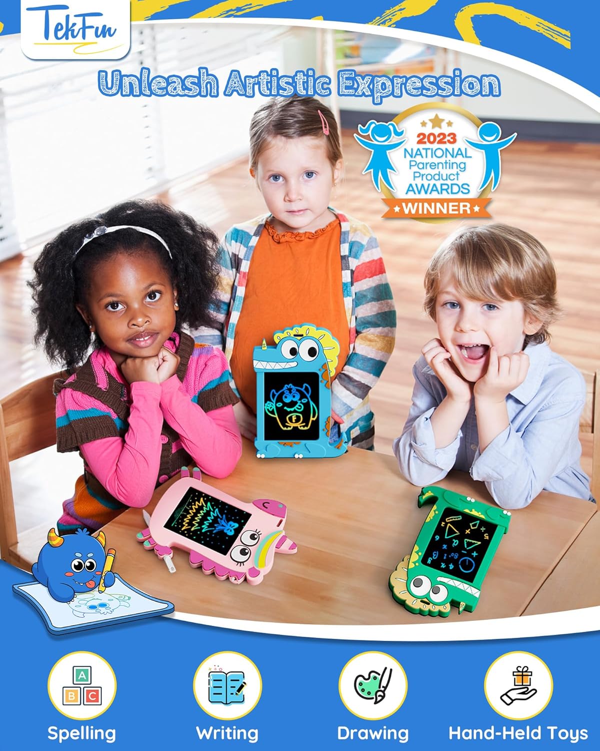 TEKFUN NanoDoodle Gift for Kids, Dinosaur Boys Toys 4.5in LCD Drawing Board, Activity Portable Gift Personality Tag Kid Toys for Birthday Christmas Gift Toddlers 3-10 Years