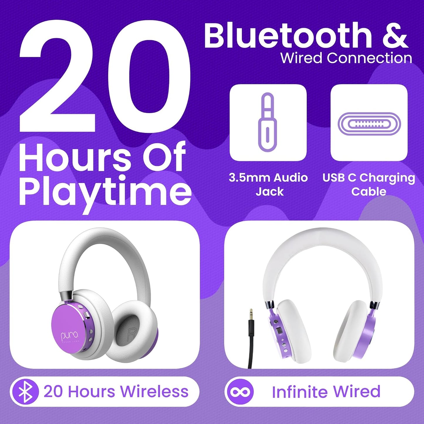 Puro Sound Labs BT2200 Plus Kids Bluetooth Headphones – Volume-Limiting 85dB, Studio-Grade Audio, Over-Ear & Comfy Design, 20-Hour Battery Life, Easy to Connect Wireless Headphones for Kids, Purple