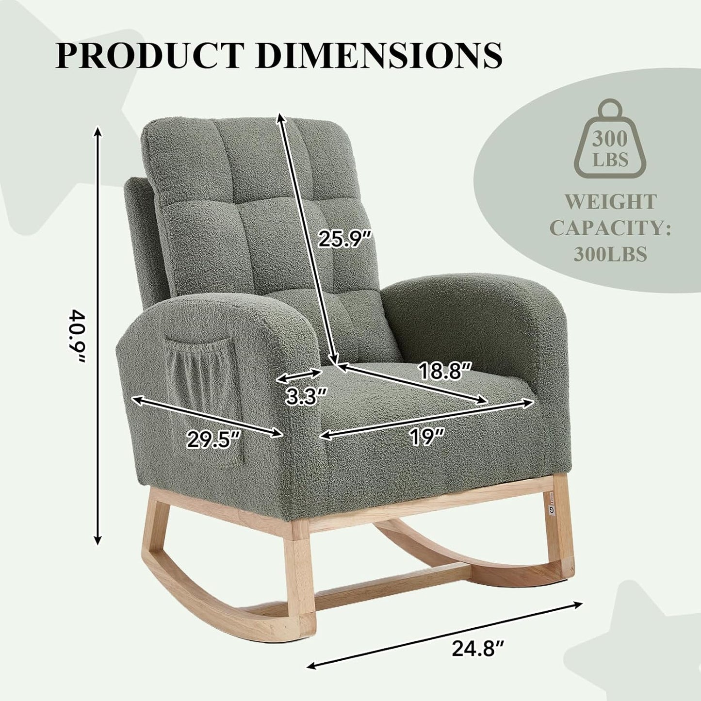 NIOIIKIT Nursery Rocking Chair, Teddy Upholstered Glider Chair with Side Pocket, Glider Rocker Chair with Tufted Back, Comfy Accent Nursing Chair for Living Room (Olive Green Retro)
